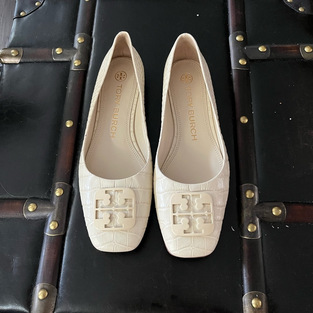 Tory Burch Georgia Ballet Flats Croc Embossed Cream Square Toe Women's Sz 8